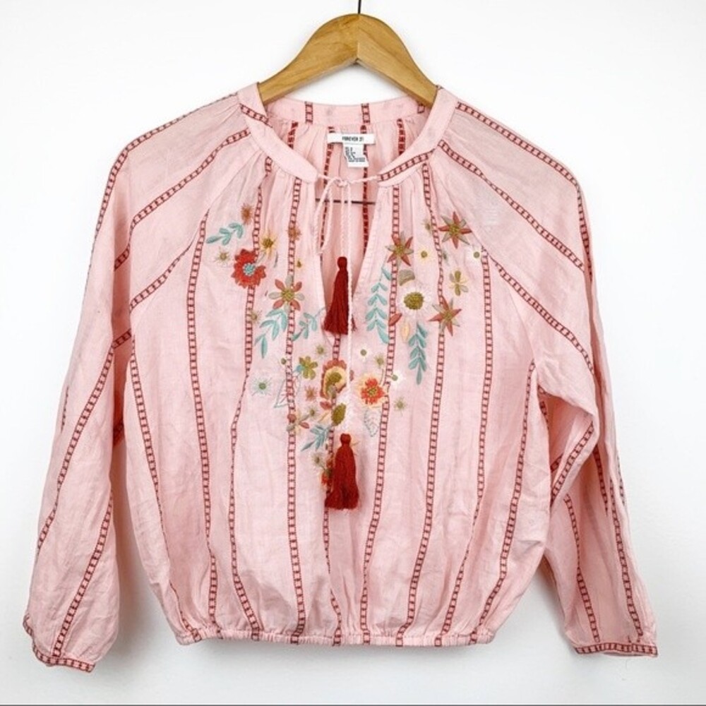 FOREVER 21 Floral Embroidered Tasseled Blouse S